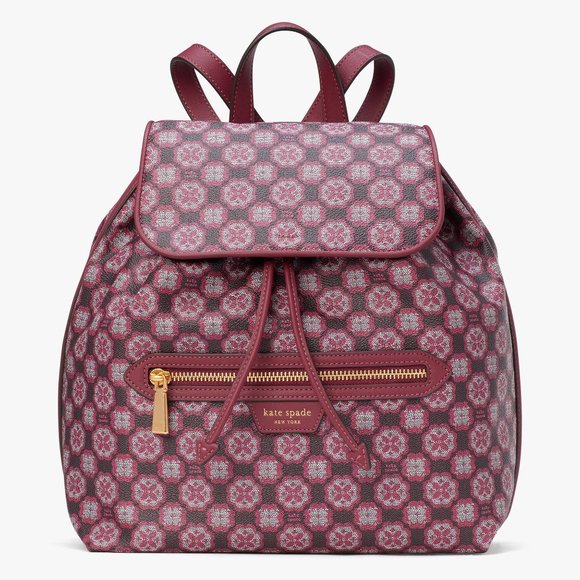 New Kate Spade Flower Monogram Coated Canvas Medium Backpack Garnet Rose Multi